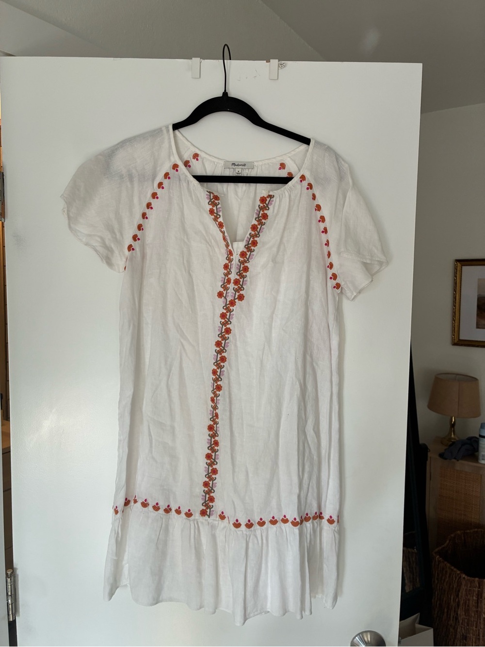 Madewell White Cotton Mini Dress with Orange Floral Embroidery